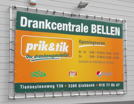 PES banner - Textiel spandoek Outdoor Spandoekframe Drankcentrale Prik & Tik Bellen Glabbeek